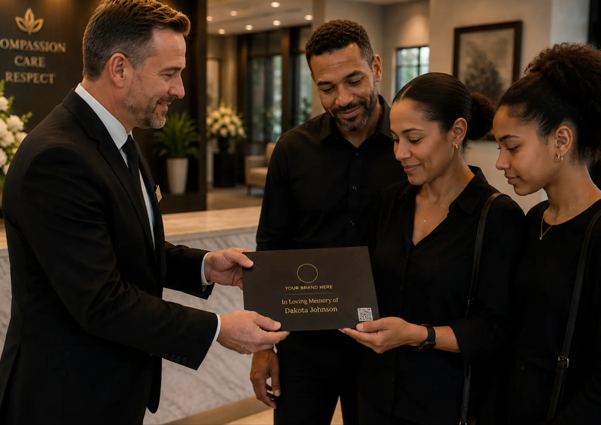A funeral director handing a memorial keepsake to a family