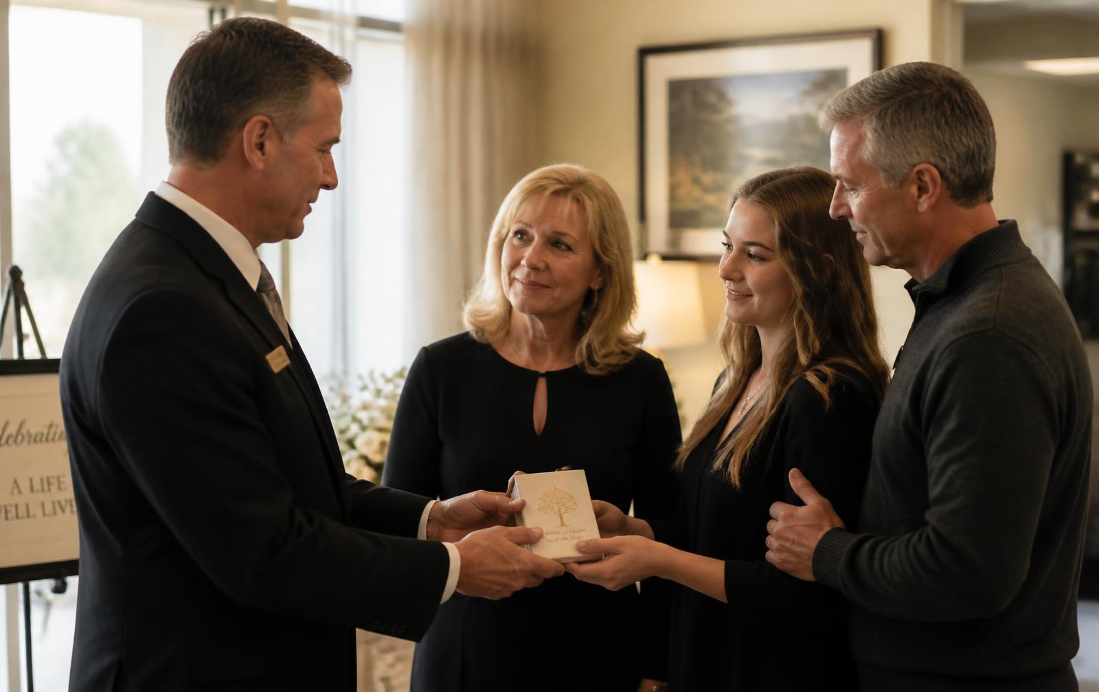 A funeral director handing a memorial keepsake to a family